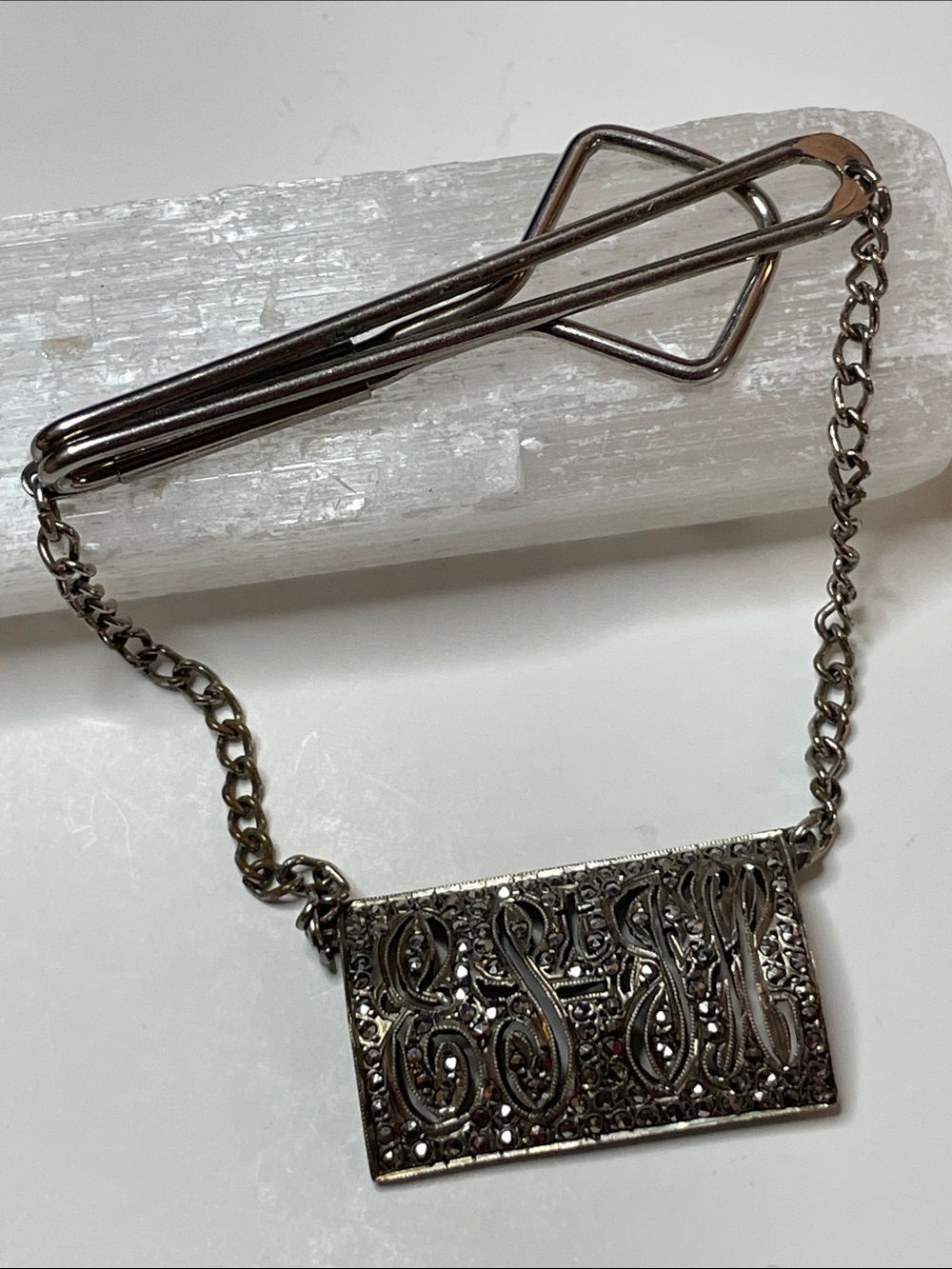 Vintage SWANK Sterling Silver Marcasite Men's Tie Bar Clasp Clip Art Deco